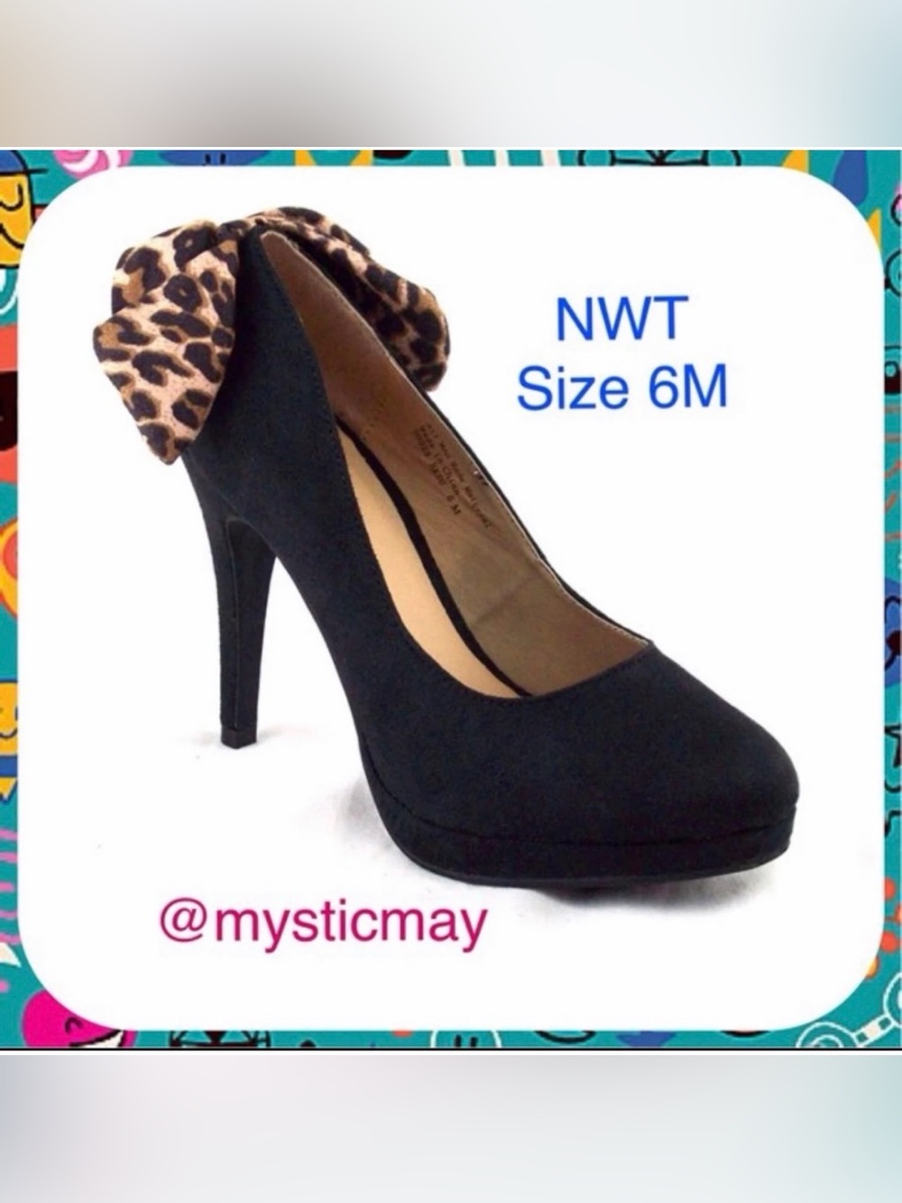 Womens NEW in Box Black Faux Suede LEOPARD BOW PUMPS Platform High Heel Size 6 M